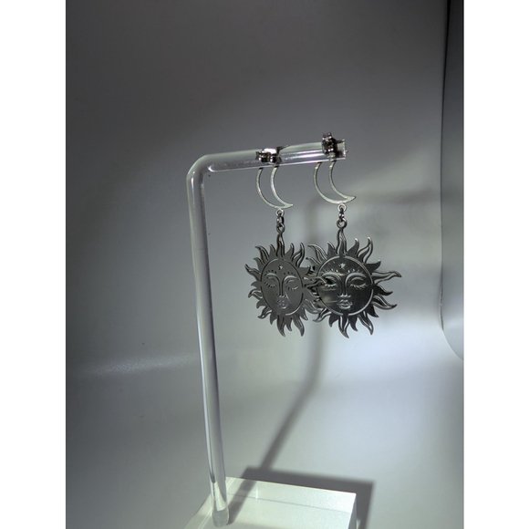 Celestial Sun and Moon Earrings, Stainless Steel Dangle Stud Earrings - Picture 12 of 15